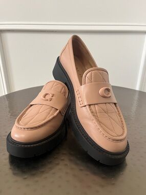 Coach Quilted Leather Penny Loafers in Blush Pink with Black Platform